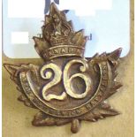 Canada - 26th Infantry Battalion 1915 Officers Cap Badge - Bronze KC