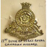 Canada - 17th Duke of York's Royal Canadian Hussars Cap Badge - Brass