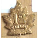 Canada - 12th Infantry Battalion Cap Badge - Gilding Metal