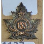 Canada - 133rd Infantry Battalion (Norfolk's Own BN) Cap Badge, Copper KC