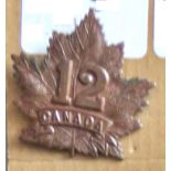 Canada - 12th Infantry Battalion Officers Cap Badge - Bronzed