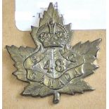 Canada - 48th Infantry Battalion Cap Badge - Copper KC