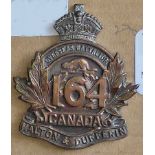 Canada - 164th Infantry battalion 1915 (The Harton and Dufferin BN) Cap Badge, Bronzed Copper KC