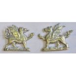 British WWI The Welsh Regiment Officers Collar Badge Pair, nice facing pair (Brass, lugs)