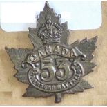 Canada - 53rd Infantry Battalion Cap Badge - Bronze KC