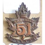 Canada - 51st Infantry Battalion 1915 Cap Badge - Copper KC