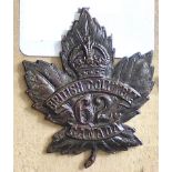 Canada - 62nd Infantry Battalion 1915 Officers Cap Badge -Blackened Brass KC