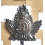 Canada - 19th Infantry Battalion 1915 Officers Cap Badge - Bronze, KC