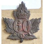 Canada - 60th Infantry Battalion Cap Badge - Copper KC