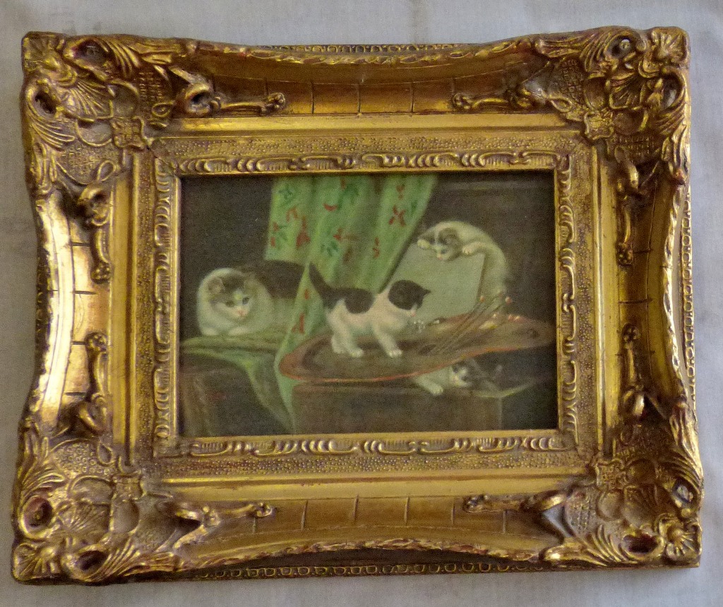 Delightful picture of three cats playing -Gold wood frame 9"x11" in frame, this has been restored by