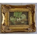 Delightful picture of three cats playing -Gold wood frame 9"x11" in frame, this has been restored by