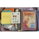 Suitcase- Collectors glory box coins in tins + old purses, crowns, stamps in albums and bags -