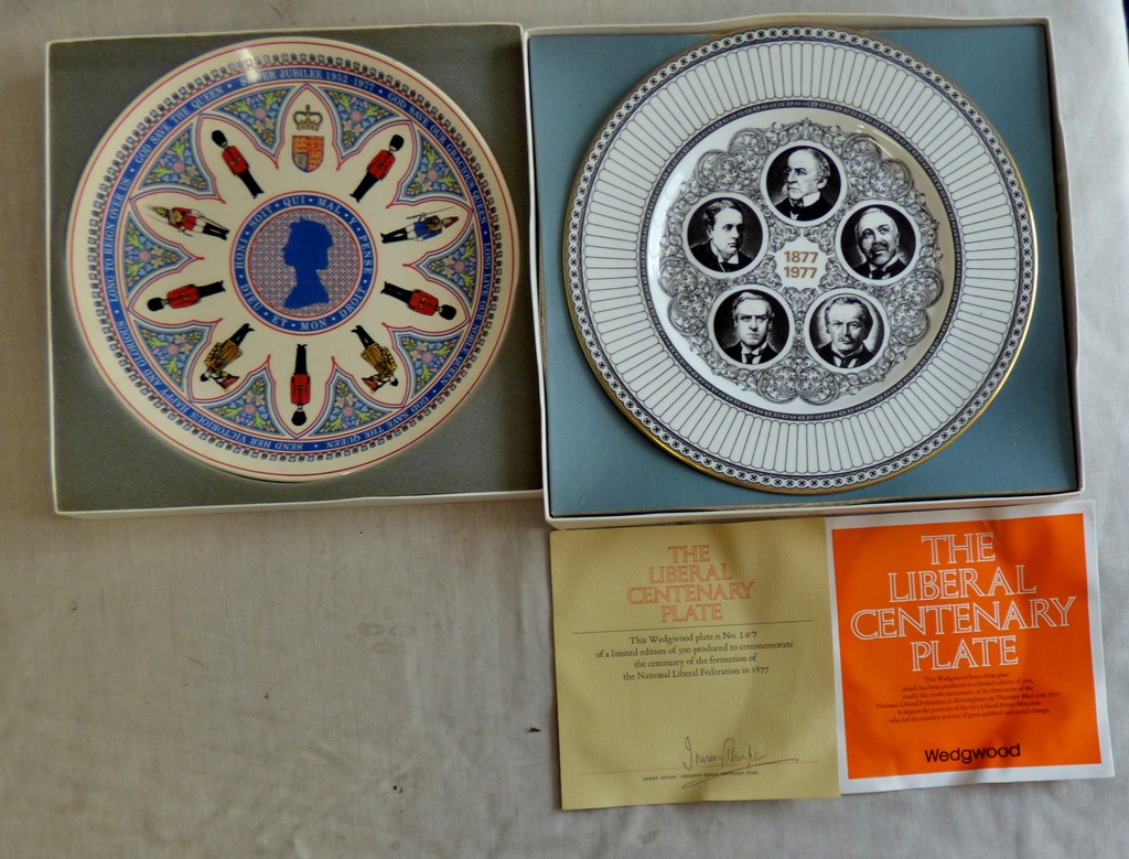 Wedgwood Plates (2) - Fine bone china size 11", Liberal prime Ministers, Queens Ware size 10"