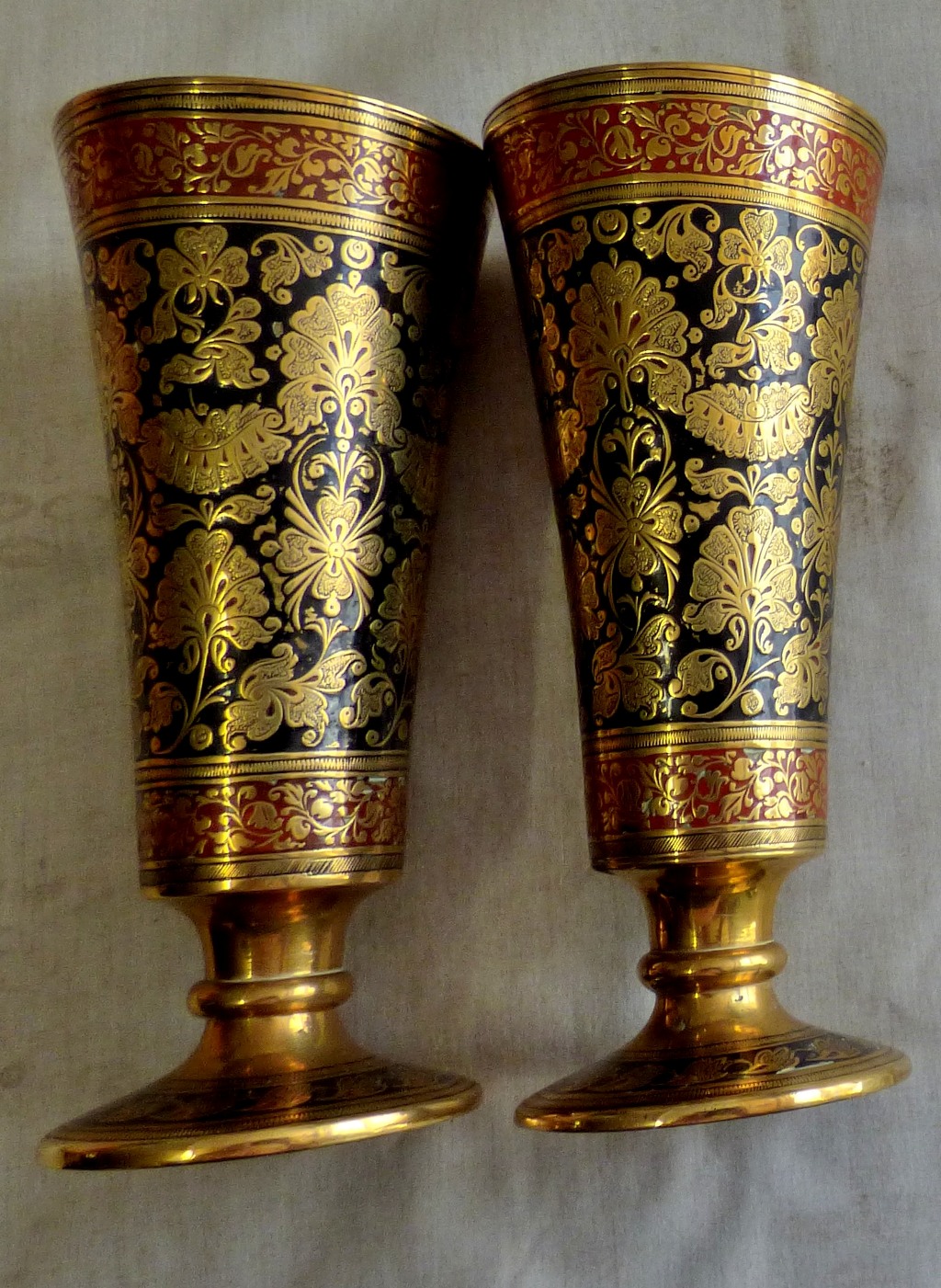 Brassware-Small Indian brass engraved goblets - decorative ornaments- approx 8"high-inlaid with