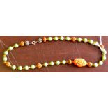 Beaded Necklace - Jade Green with Flame orange rose in the centre