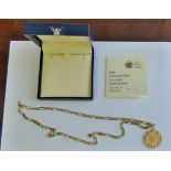 2008 Sovereign in Gold Mount and with Gold Chain. 8x1mm diamonds with Royal Mint certificate and