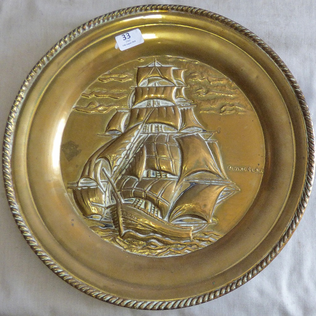 Brass wall hang Plate - centre picture ship in good condition
