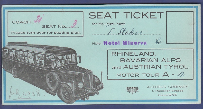 Autobus 1938 Seat Ticket Rhineland Alps and Austrian Tyrol Motor Tour by Autobus Company Cologne