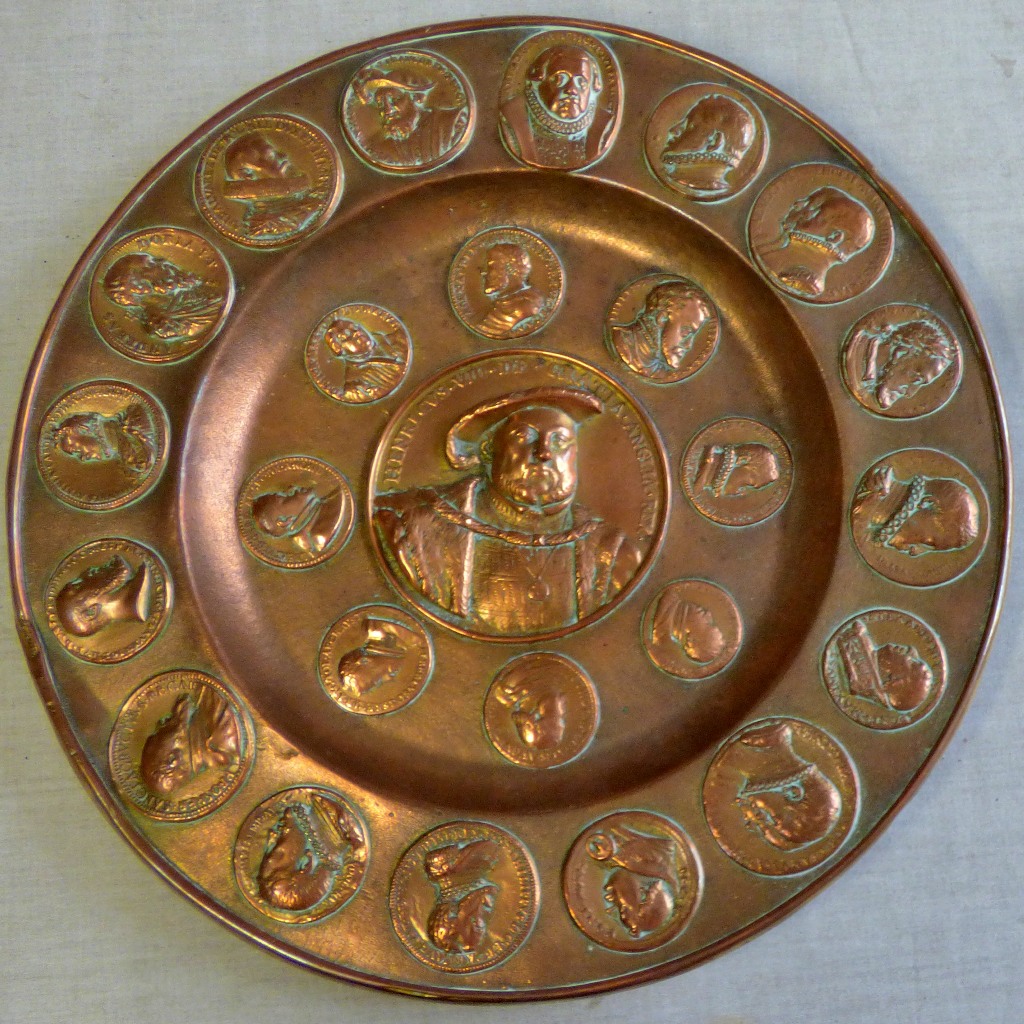 Copper Plate - decorated with pennies and Henry the VIII in the centre - size 12" round