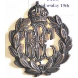 British WWI Royal Flying Corps Officers Cap Badge, (Darkened bronze) with split fastening. An