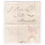 Wales 1828 EL-Monmouth to nearby village, charged 2d, on reverse fine red, Monmouth/136 strike (