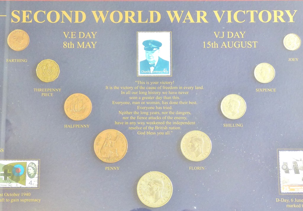 Framed - Second World War Victory - with coins and mini medals + stamps, very good condition - Image 4 of 4