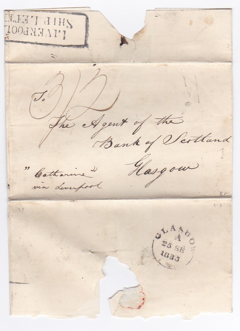 Lanc 1833-Wrappers sent via ship 'Catherine' to Glasgow via Liverpool, Bears boxed Liverpool ship