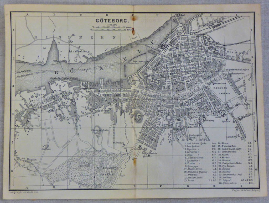 Goteborg - A map of Gothenburg in Sweden dated around 1899 Produced by Wagner and Debes, Leipzig.