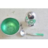 Silver-Danish Quality Sterling silver and enamel-peter, salt bowl and spoon by meka modern.