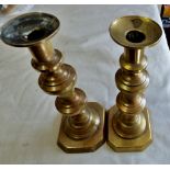 Brassware - Pair of large brass candle sticks, worn