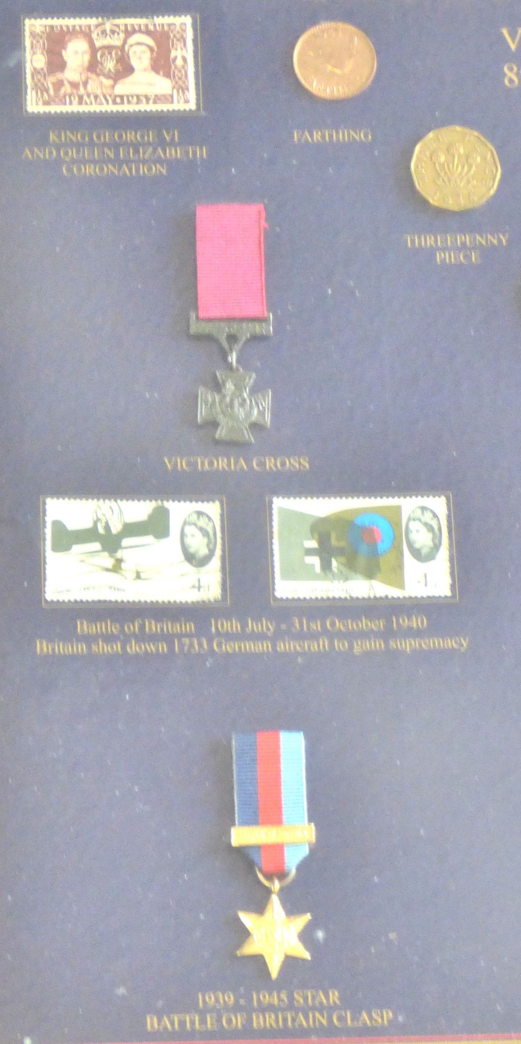 Framed - Second World War Victory - with coins and mini medals + stamps, very good condition - Image 3 of 4