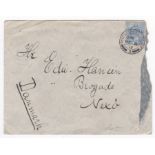 Wales 1892 Envelope-Wales to Denmark, with 2.1/2d(EDV11) stamp cancelled Bute Docks, B.O. Cardiff,(