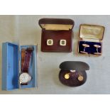 Gent Jewellery-Two Pair yellow metal boxed cuff links, one gents watch, one pair of gold cuff