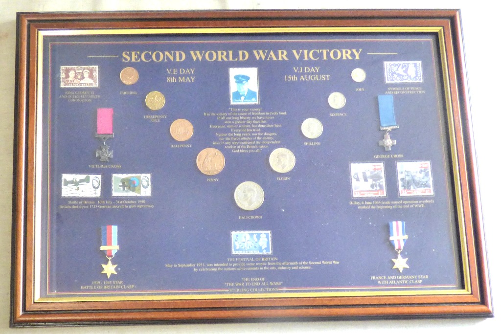 Framed - Second World War Victory - with coins and mini medals + stamps, very good condition