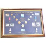 Framed - Second World War Victory - with coins and mini medals + stamps, very good condition