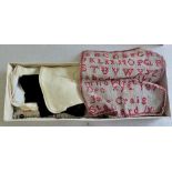 Mixed Box of lace collars-pair of kid gloves + needlework from 1890's