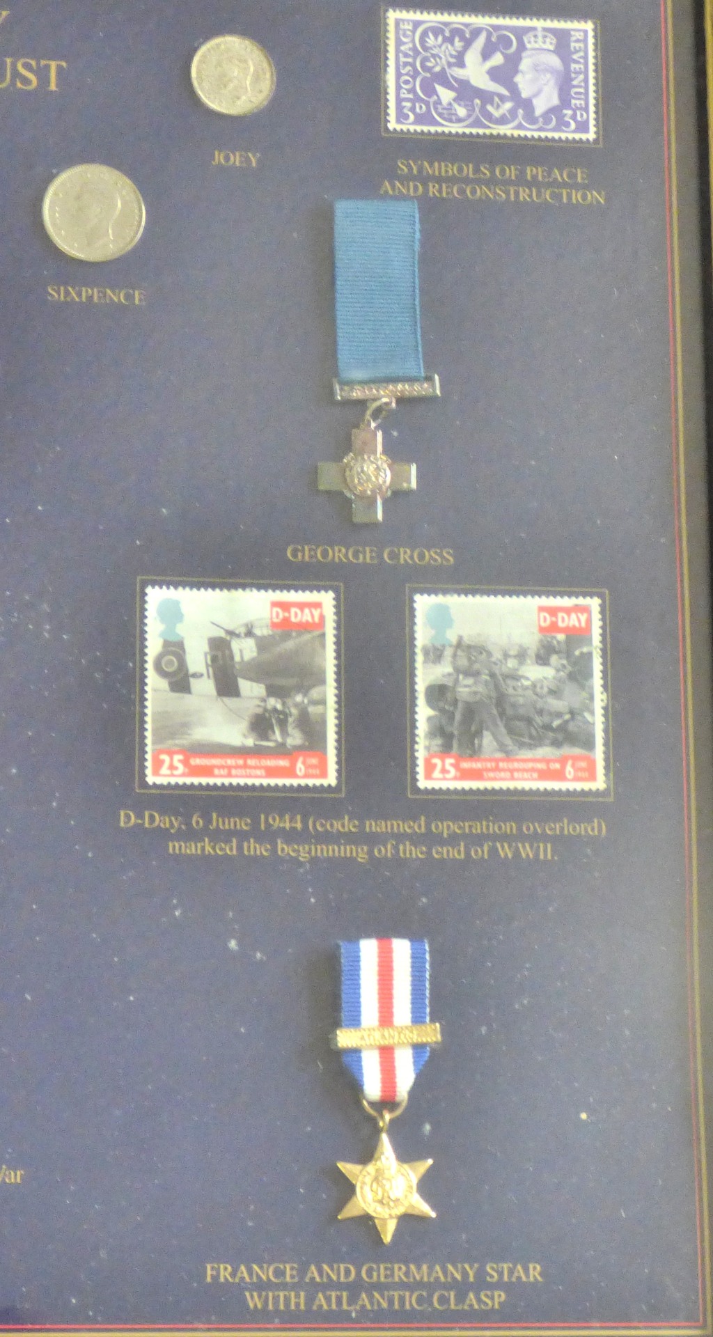 Framed - Second World War Victory - with coins and mini medals + stamps, very good condition - Image 2 of 4