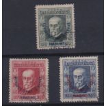 Czechoslovakia 1925 International Olympic Congress Overprints. Fu set S.G. 246-248, Michel 209-