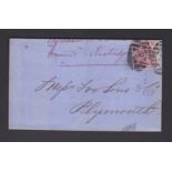GB QV 1867 3d PL4 on cover to Plymouth, SG103 PL4 - heavy 50 London obliterator