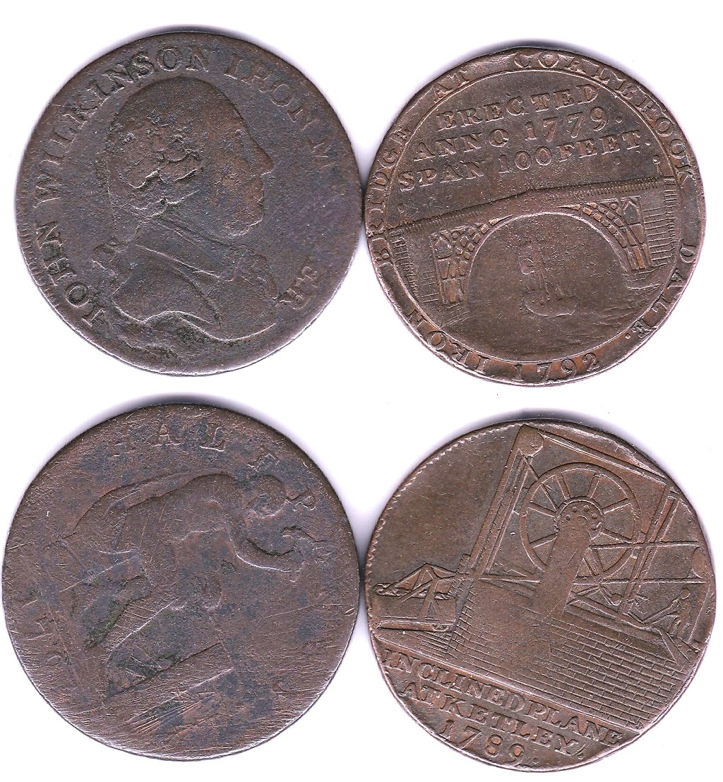 Tokens-1792 Ironbridge Halfpenny-1797 John Wilkinson, Ironmakers NF and Fine (2)