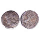 Roman republic - AR denarius - M.Baebius QF Tampilus 137 b.c Hd of Roma left x below chin -Rev: