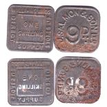 Tokens - J Salmon & Son-9D Tin Token,and William Bros 1/- Tin, (Type Wilcobii)(2) GF/AVF