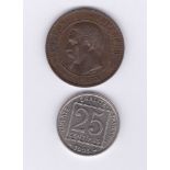 France 1854W 10 Cents, KM 771.7, AUNC-France 1903 25 Cents, AUNC scarce in this grade, KM 855