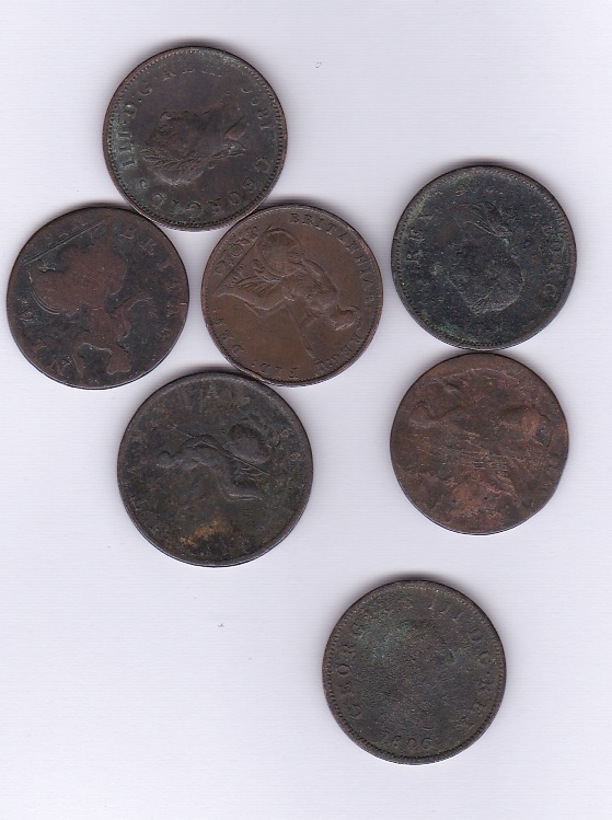 Halfpennies-early copper, George II, George III, Victoria(7)