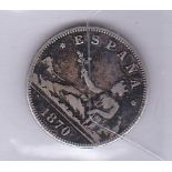 Spain 1870 Two Pesetas, Silver GF/AVF