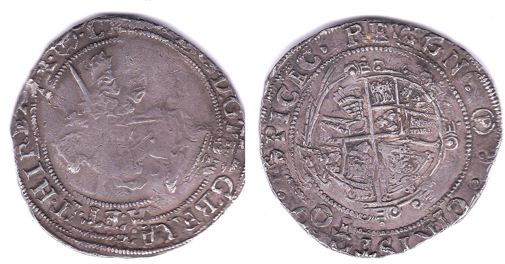 Charles I - Half-crown Tower Mint, m.m P in circle 1643/4-Spink 2778-NVF but badly double-struck