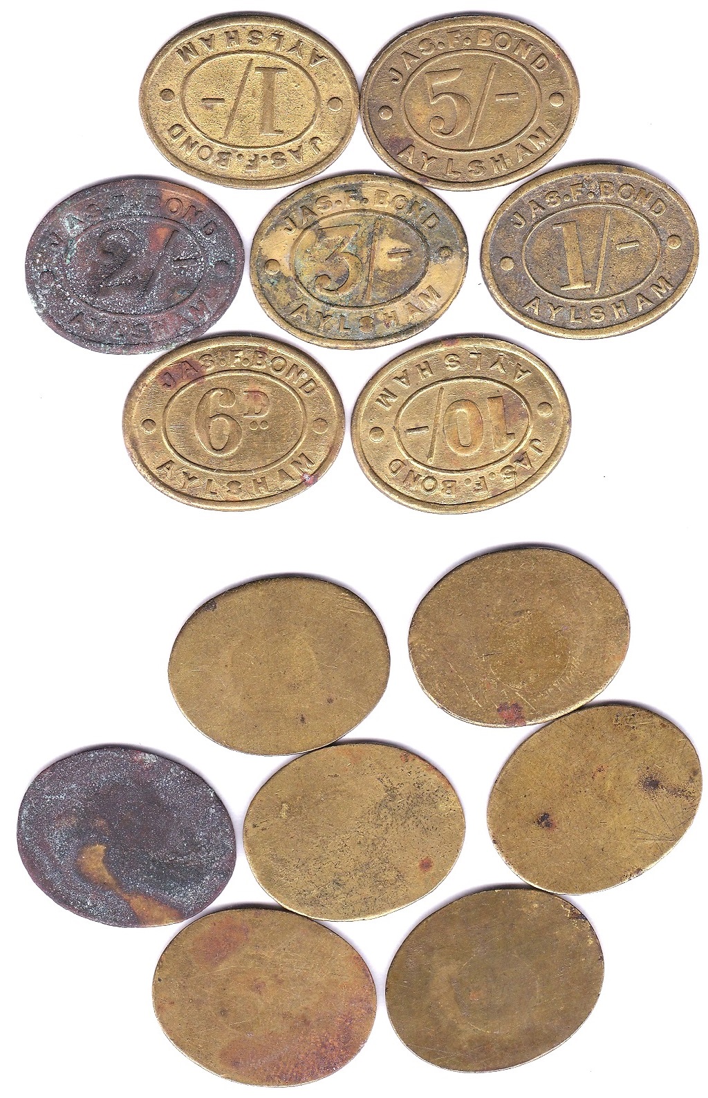 Token (Norfolk) - Aylsham Tokens, Jas F Bond,6d,1/- (2) 2/-,3/-,5/- and 10/- - brass F to GVF(7)