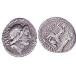 Roman Republican -AR denarius -C.Poblicius Malleolus 96b.c. Laur head of Apollo - Rev: Roma seated