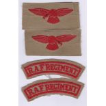 British WWII RAF Regiment Tropical Uniform cloth shoulder titles and insignias. Nice pairings