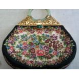 Clutch Bag 1930's-Clutch bag, embroidered both sides, jade clasp, circular handle